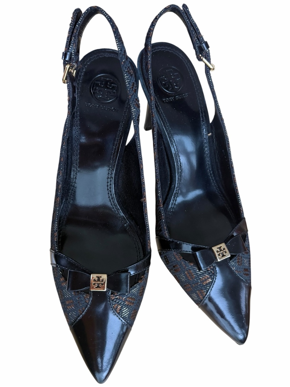 Tory Burch Black Pointed Toe Bow Slingback Pumps with Gold Logo
